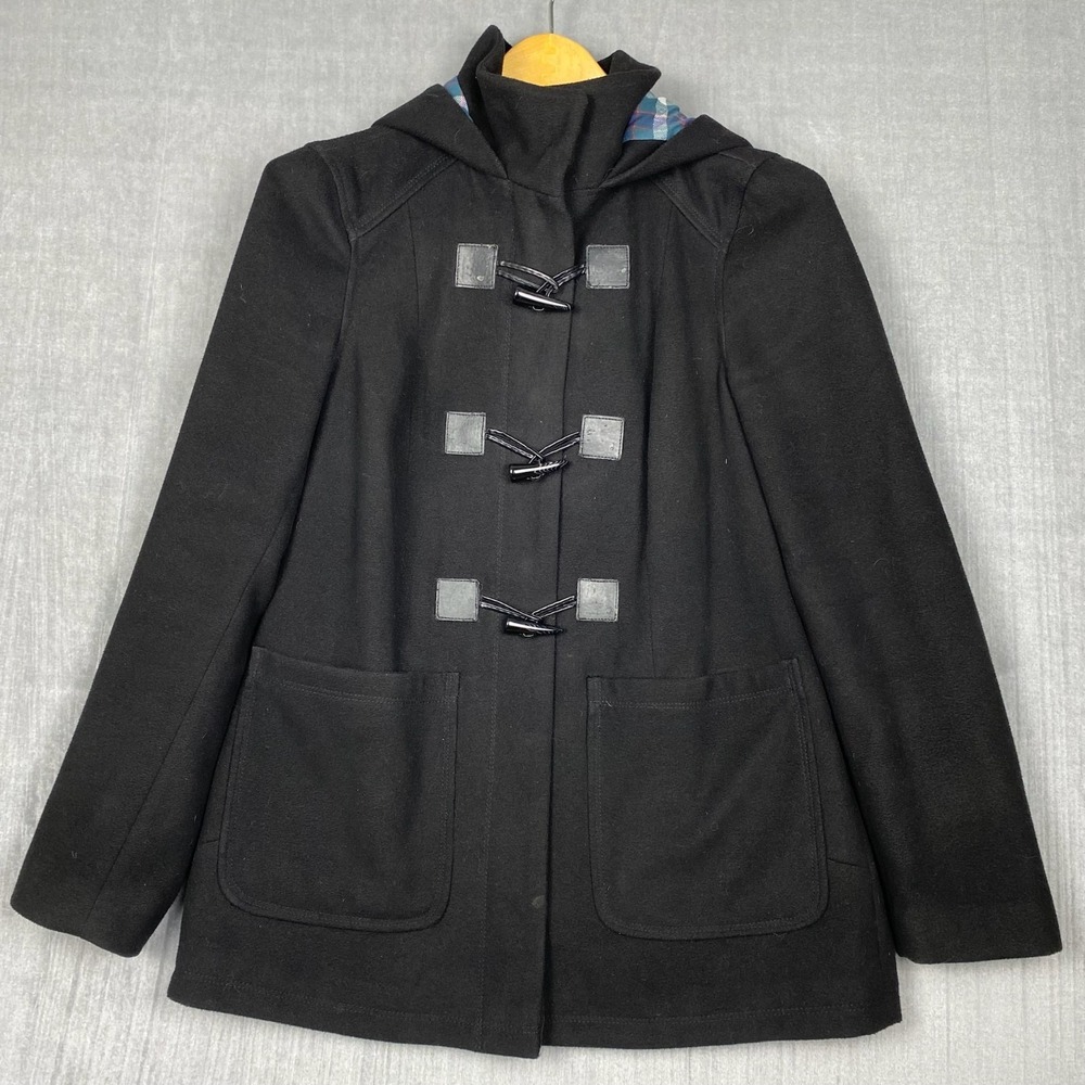 Asos Duffle Coat Womens 6 Black Hooded Plaid Lined Toggle Buttons‎ Academia Euro